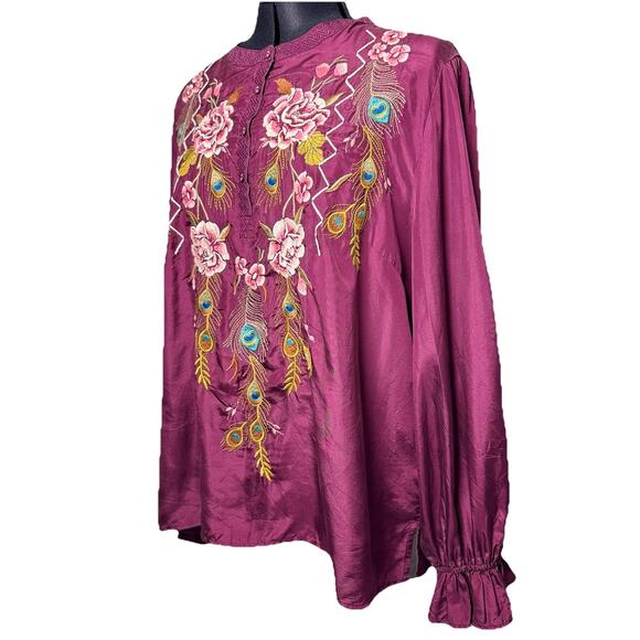 Johnny Was Workshop XL Purple Silk Peacock Quito Blouse Embroidery Button V Neck - Picture 3 of 12
